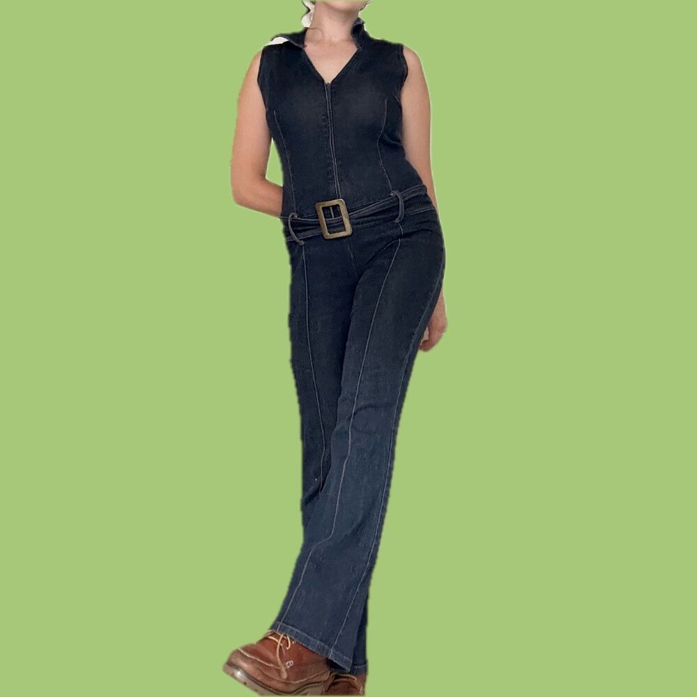 Y2k Vintage Collared Denim Zip-Up Jumpsuit – Size Medium